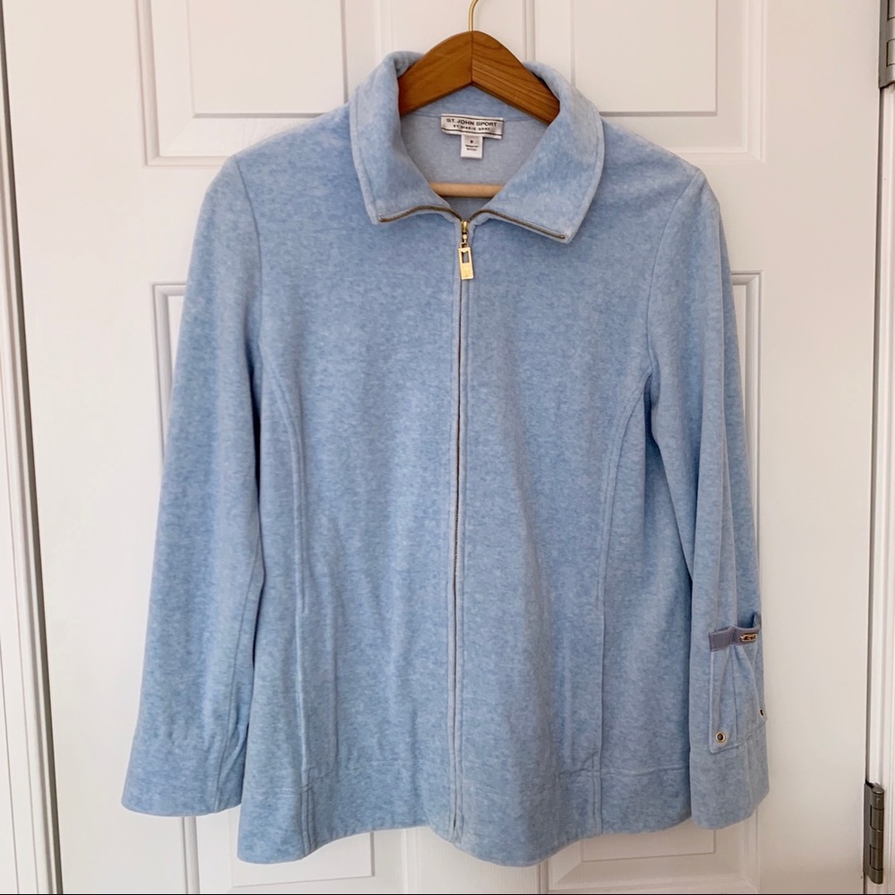 St John Sport Marie Gray Light Blue Zip Up Track Jacket Sweater Cardigan Sz S